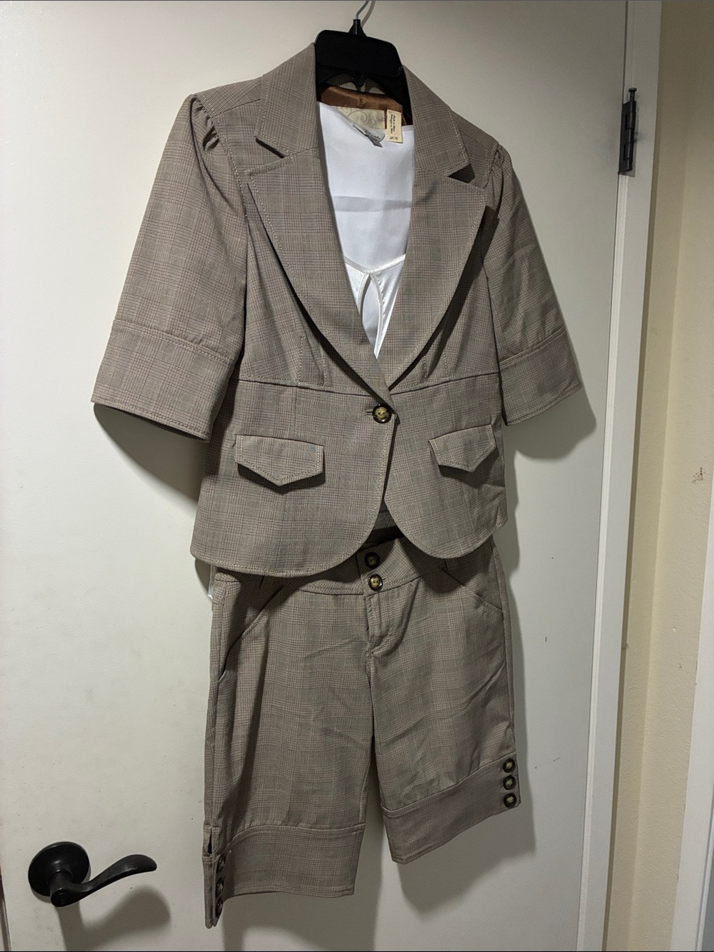 Guess Taupe Plaid Short-Sleeve Blazer and Bermuda Short Set